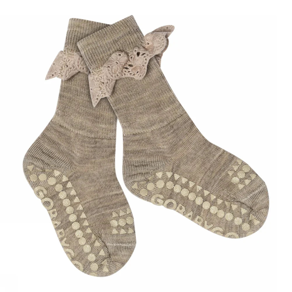 Sokkar úr merino ull með stoppi og pífu - Light brown melange - Ethic