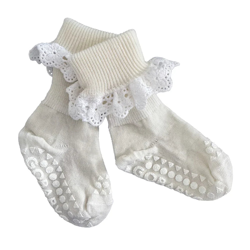 Sokkar úr merino ull með stoppi og pífu - snow white